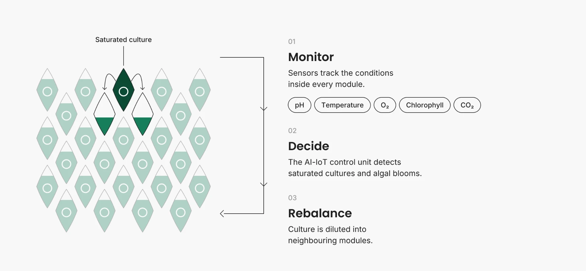 Diagram: sensors monitor every module, the control unit detects a saturated culture, and the culture is diluted into neighbouring modules.